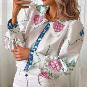Vintage Peter Pan Collar Puff Sleeve Placement Print Shirt